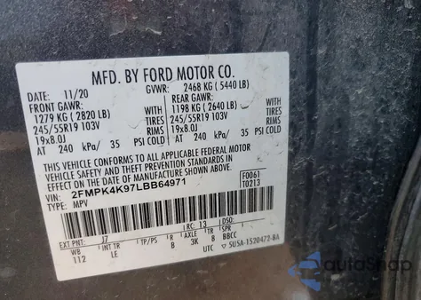 2020 Ford Edge Titanium z USA, uszkodzony, nr VIN 2FMPK4K97LBB64971